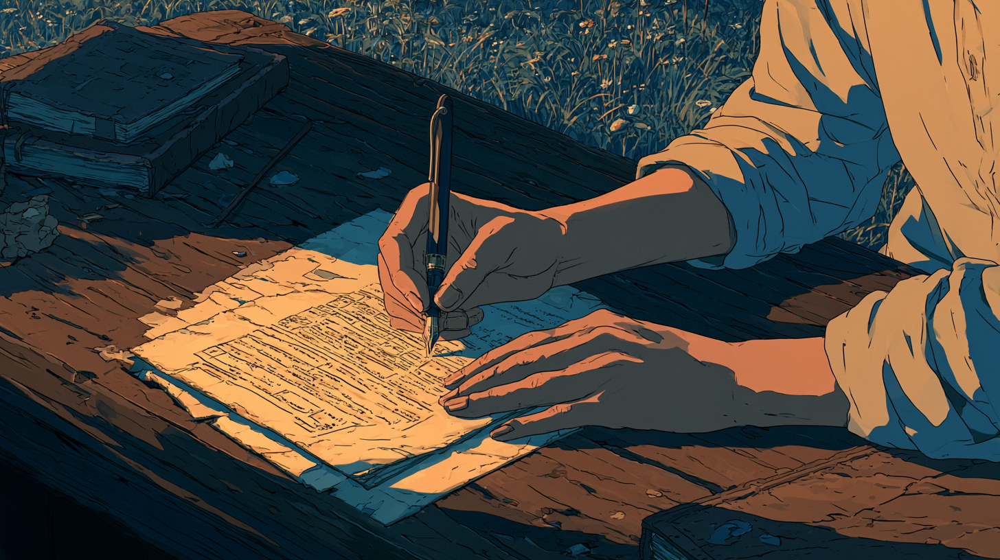 Illustration of a person writing survey questions on paper at an outdoor wooden table.