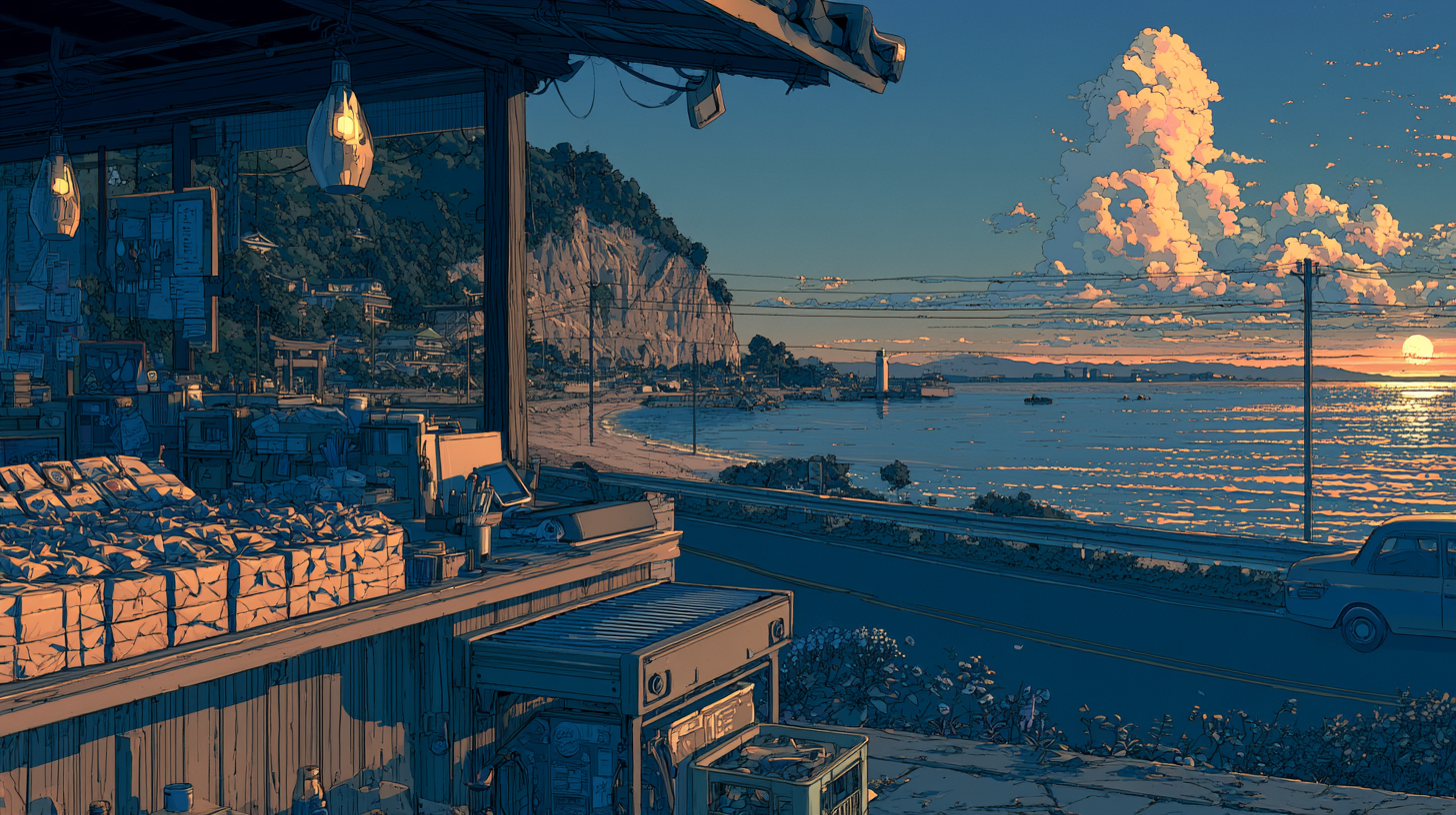 A small seaside shop at sunset, representing ecommerce chatbot platforms.