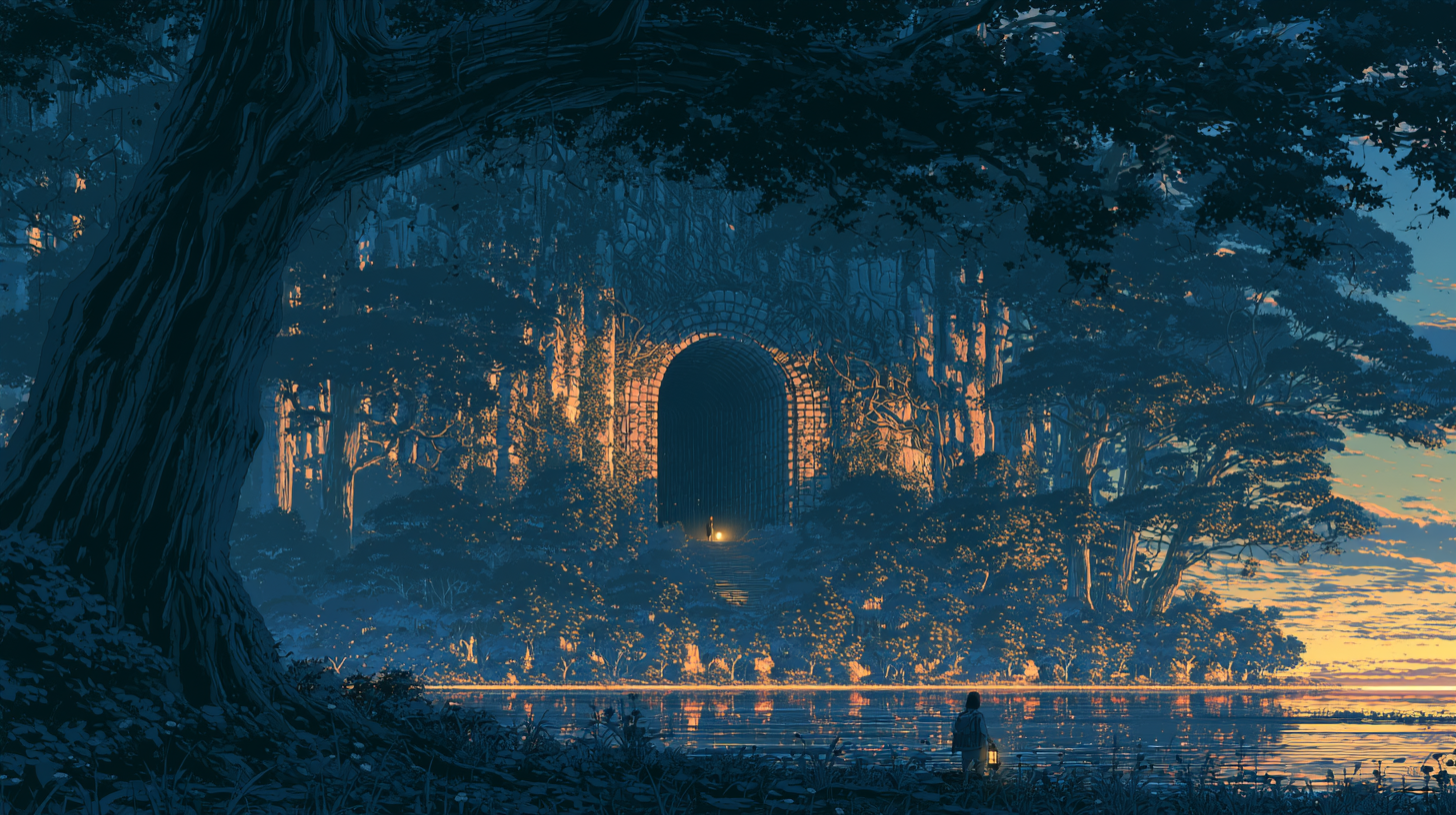 Lone figure approaching a glowing doorway hidden in a dark forest beside a reflective lake.