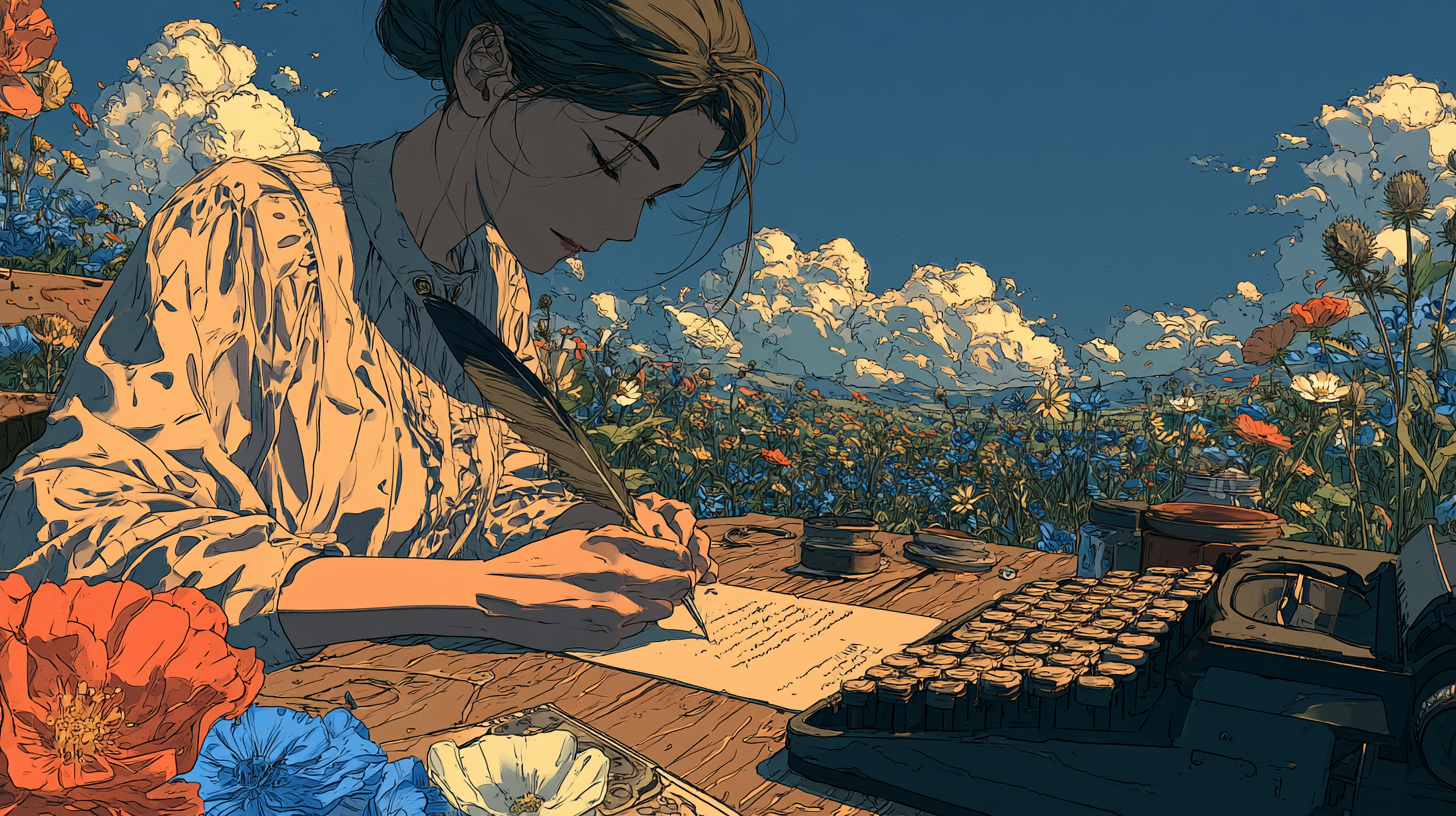 Writer drafting beside a typewriter in a flower-filled field, symbolizing the process of creating release notes.