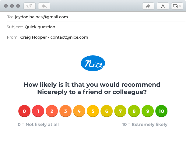 Nicereply email survey with a 0-to-10 NPS scale.