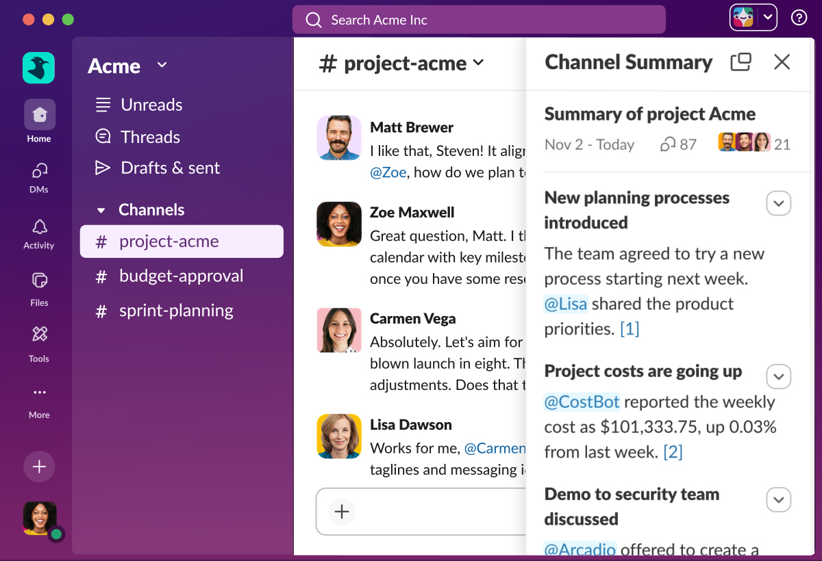 Slack project channel showing team conversations and an AI-generated channel summary.