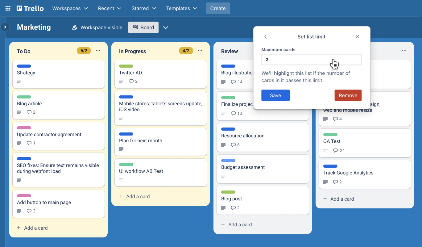 Trello board showing tasks organized by status.