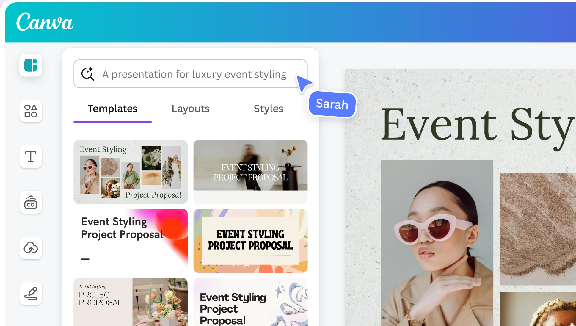 Canva editor showing presentation templates and design tools.