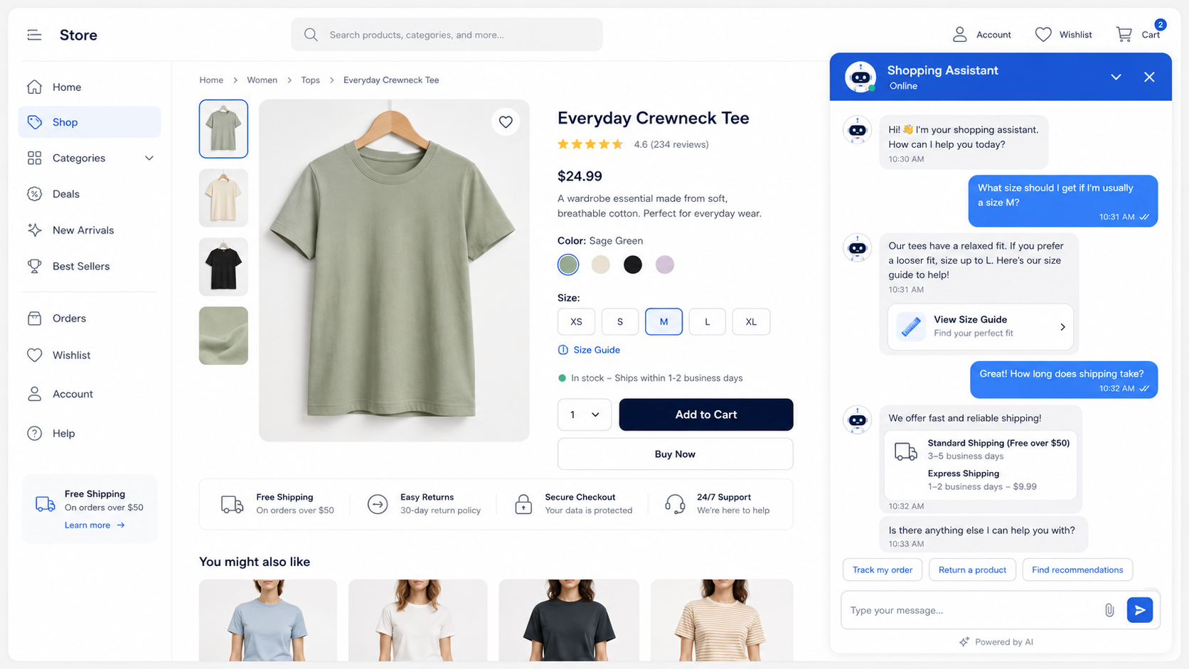 Ecommerce product page with an AI chatbot helping a customer with sizing and shipping questions.