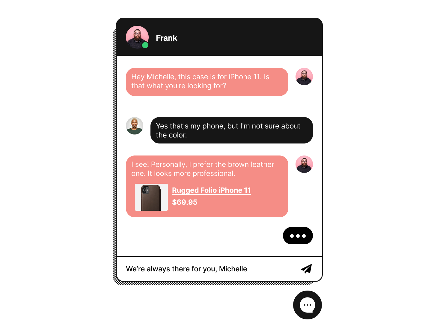 Gorgias chat showing a support agent recommending an iPhone case to a customer.