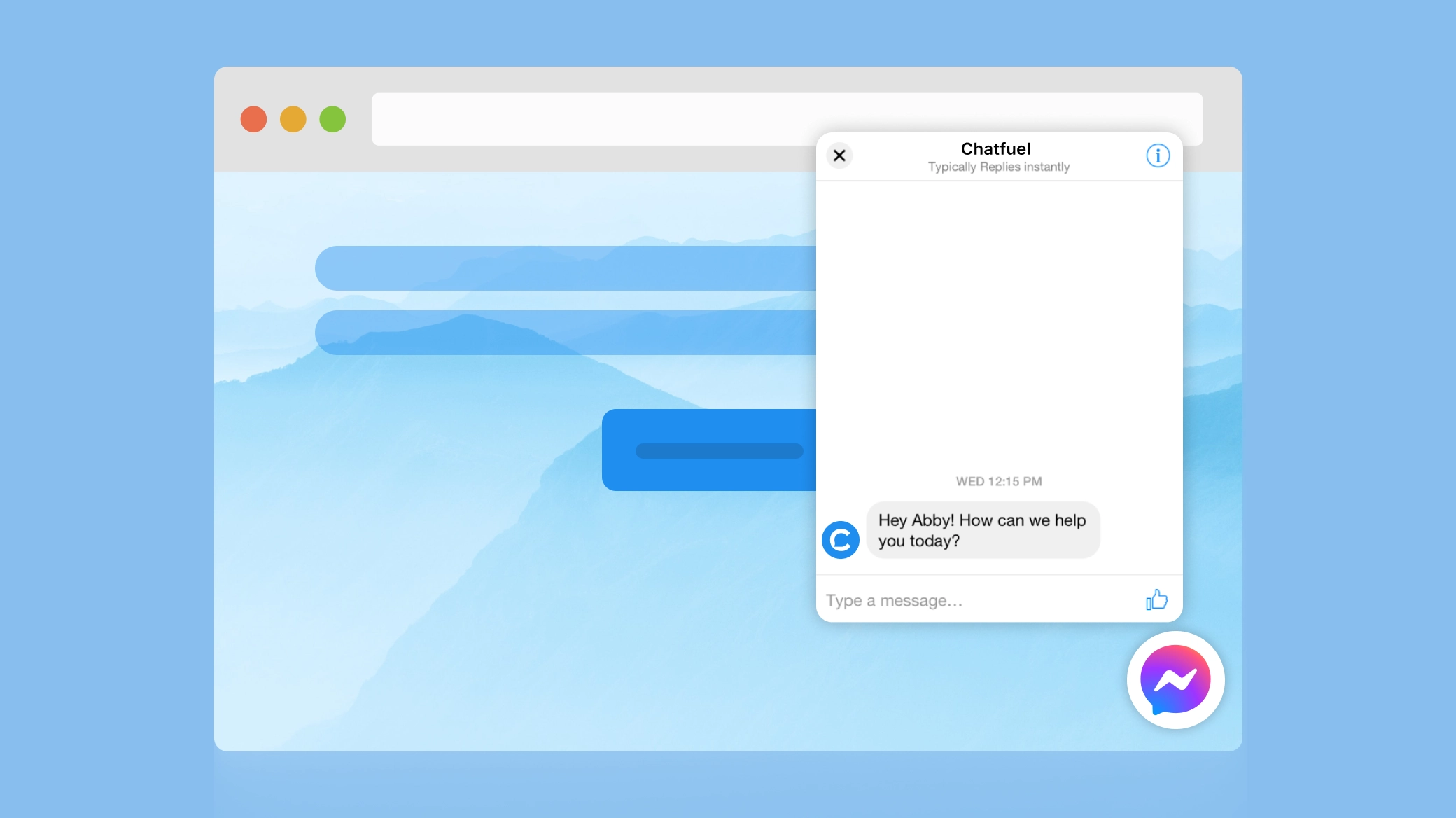 Chatfuel chatbot widget greeting a website visitor.