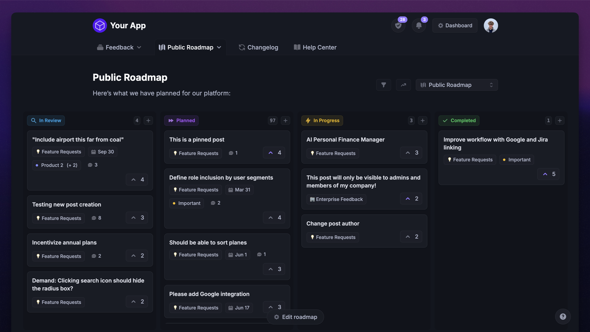 Featurebase public roadmap showing planned, in-progress, and completed feature requests.