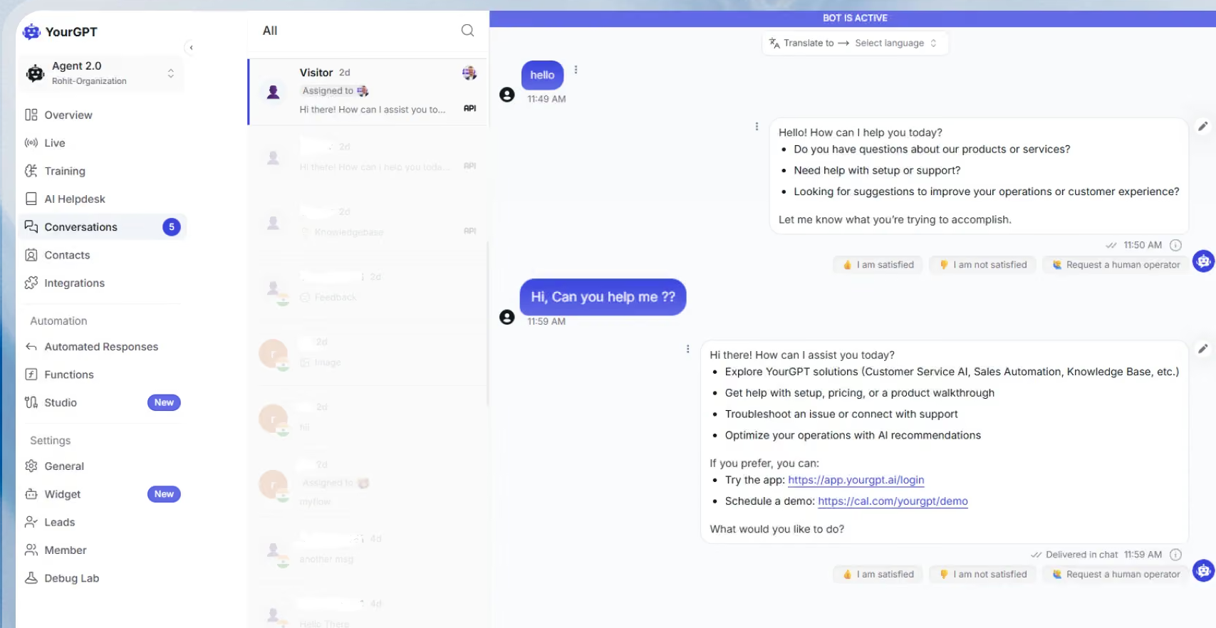 YourGPT dashboard showing an AI chatbot assisting a customer in a support conversation.