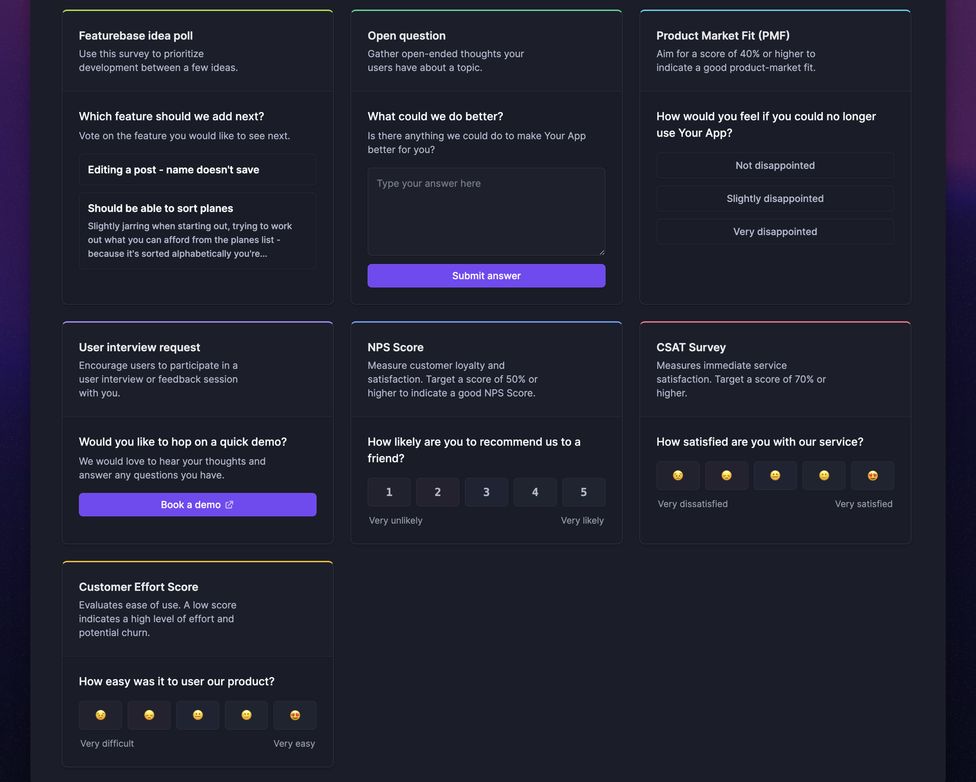 Featurebase survey examples showing idea polls, open questions, PMF, NPS, CSAT, CES, and interview requests.