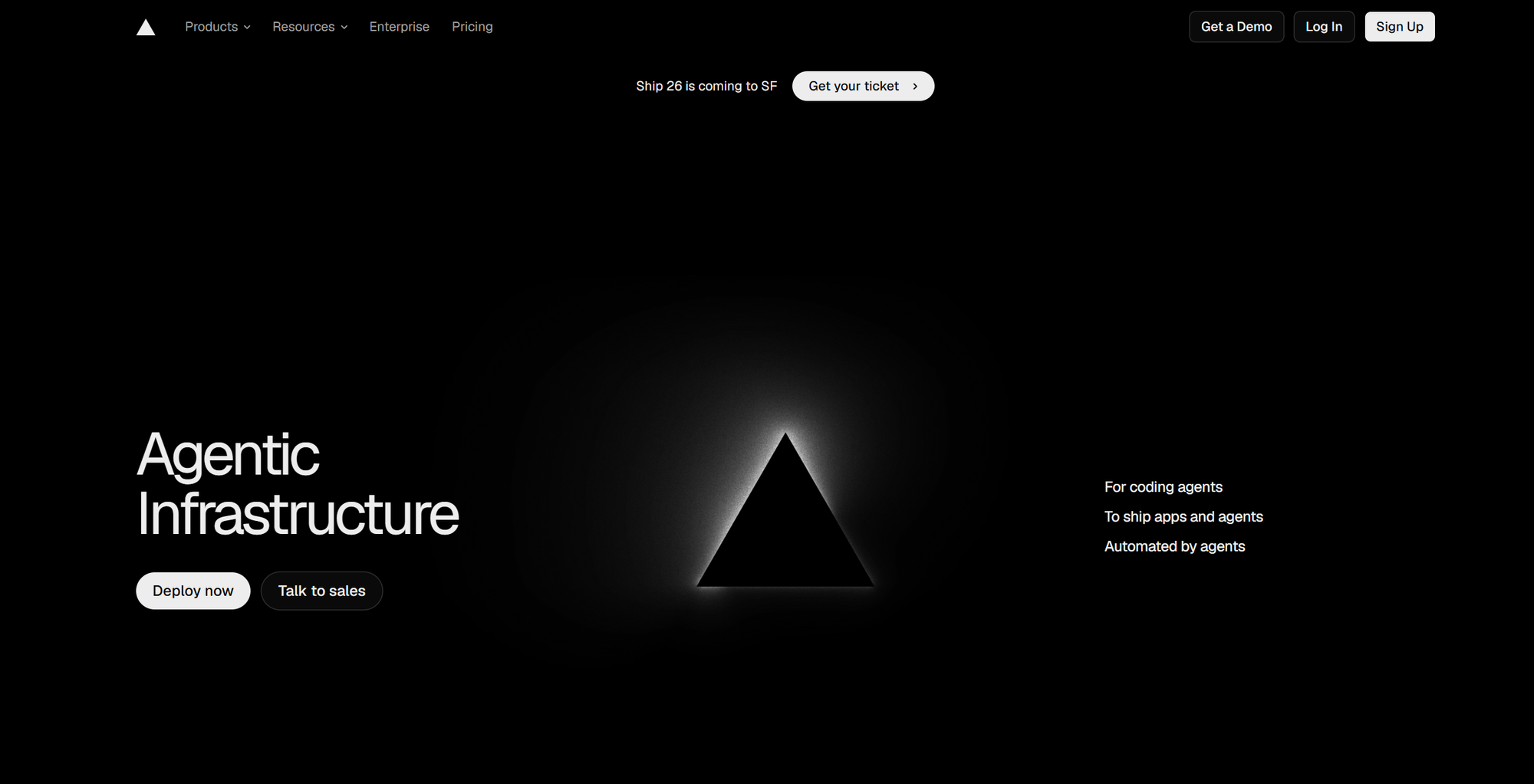Vercel landing page with the headline “Agentic Infrastructure” and a glowing triangular graphic.
