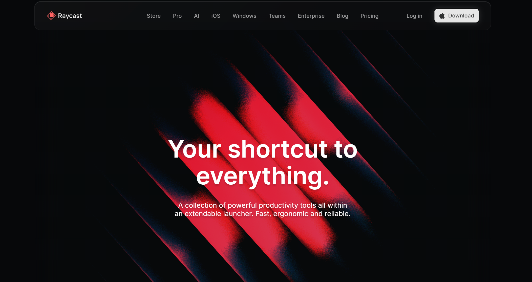 Raycast landing page with red abstract artwork and the headline “Your shortcut to everything.”