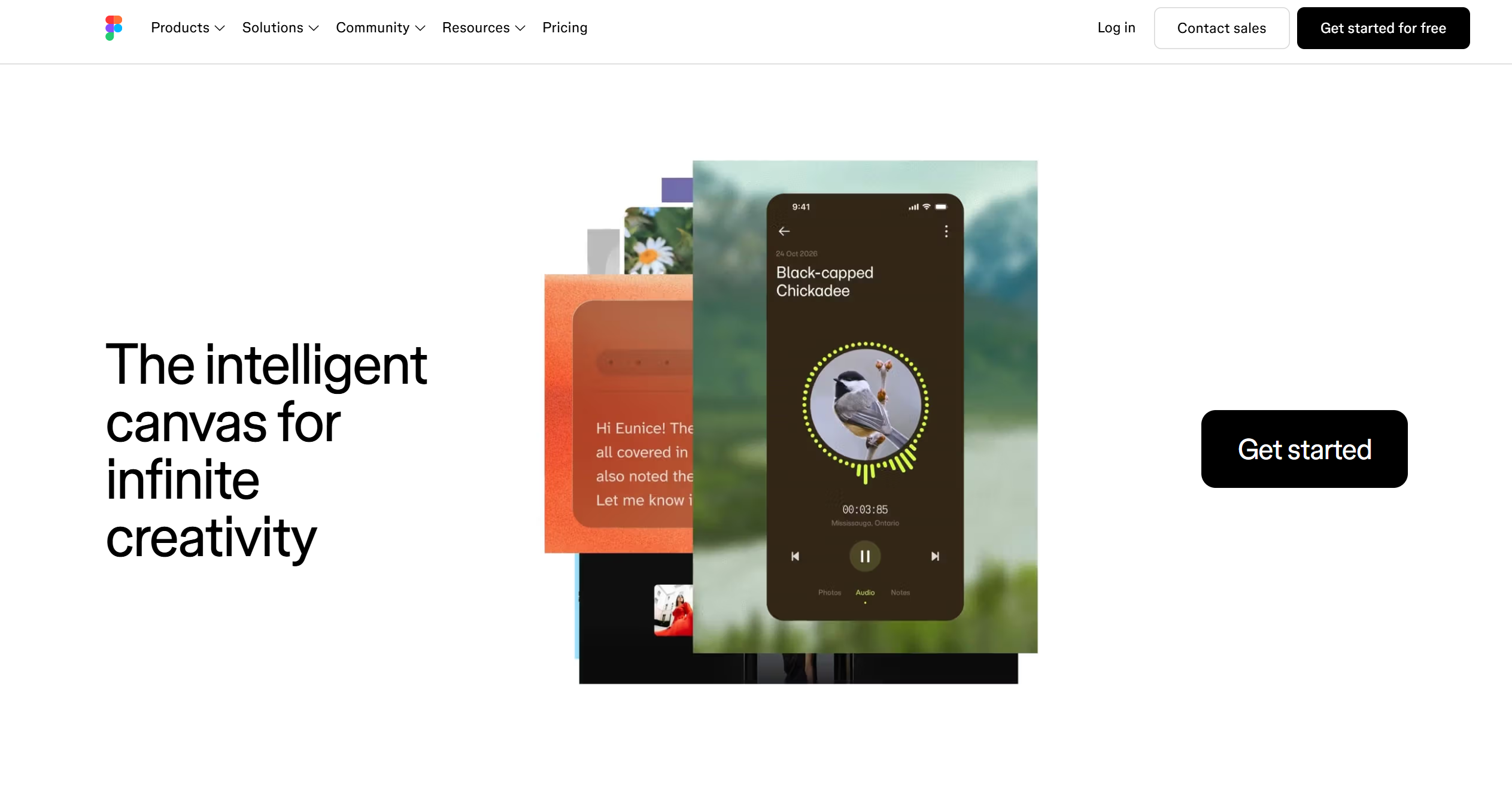 Figma landing page displaying layered creative work beside a message about intelligent design tools.