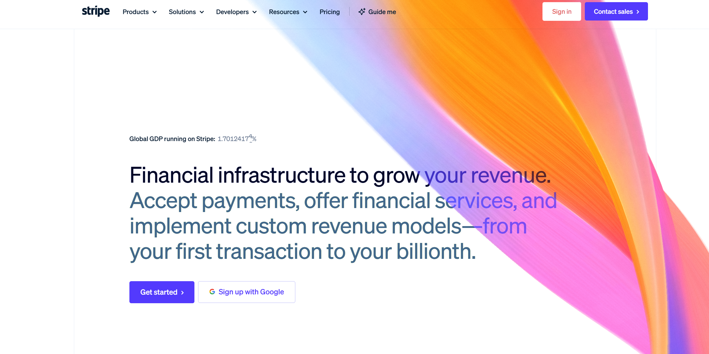 Stripe landing page describing its financial infrastructure beside a flowing multicolored graphic.