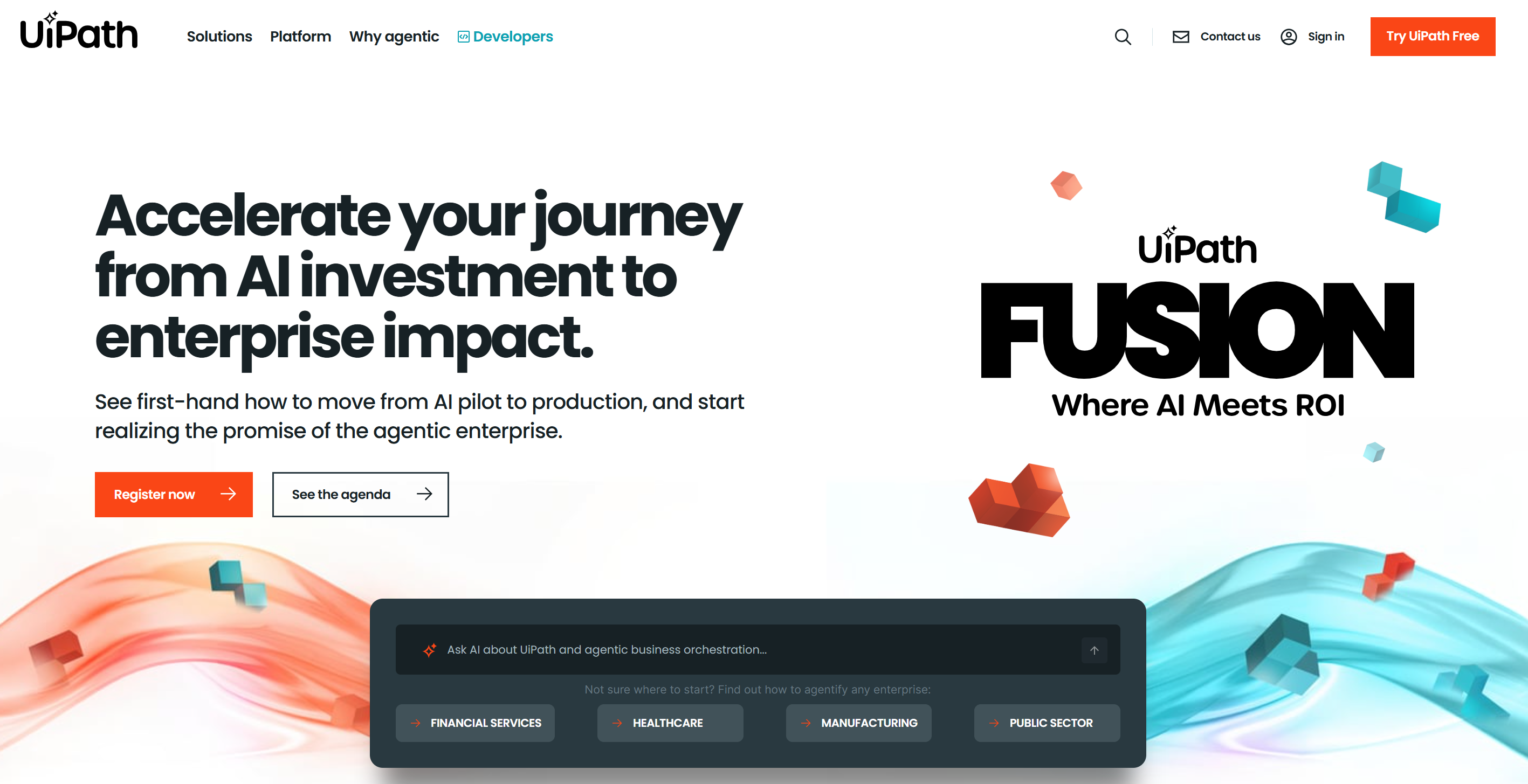 UiPath landing page promoting enterprise AI with colorful graphics and a product interface preview.