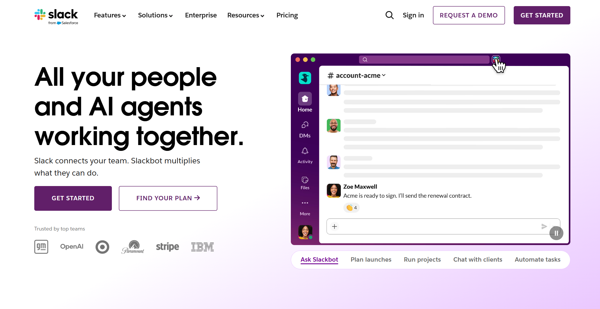 Slack landing page showing people and AI agents collaborating in a channel conversation.