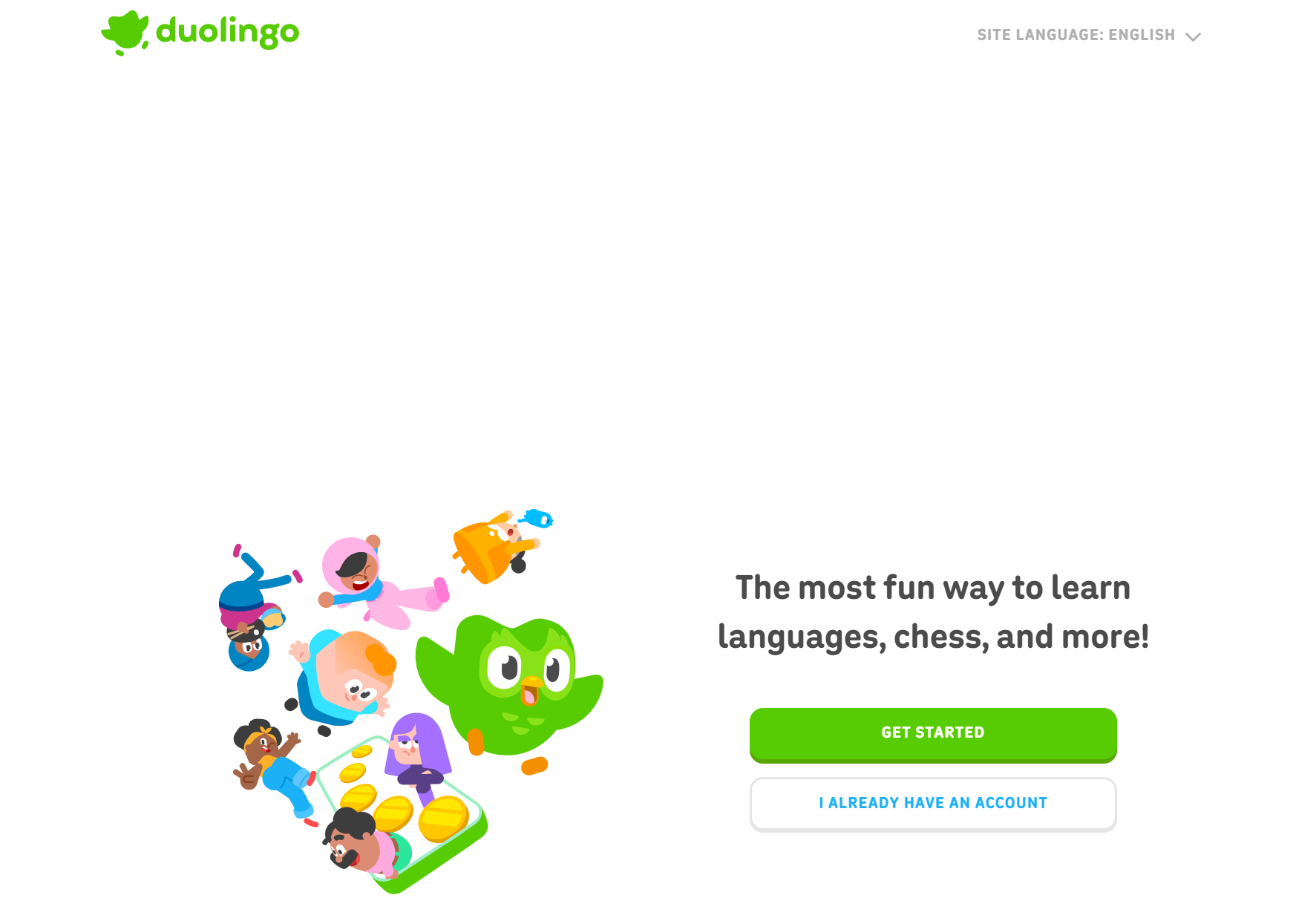 Duolingo landing page featuring its green owl mascot, illustrated characters, and sign-up buttons.