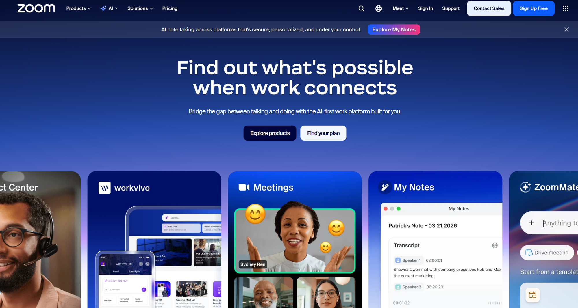 Zoom landing page presenting connected-work products including Meetings, Workvivo, and My Notes.