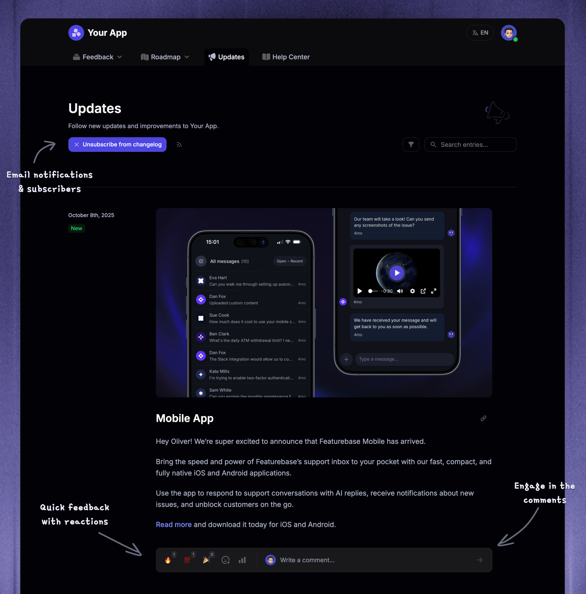 Featurebase changelog page showing a mobile app update with email subscriptions, reactions, and comments highlighted.