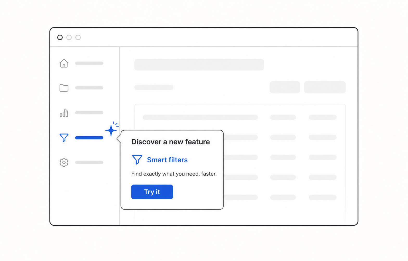 Product interface highlighting a newly discovered smart-filters feature with a tooltip and βTry itβ button.