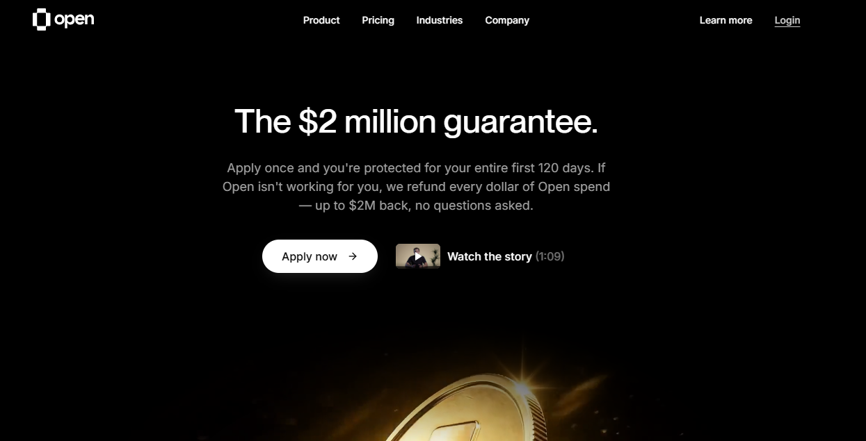 Open webpage promoting a $2 million refund guarantee for customers during their first 120 days.