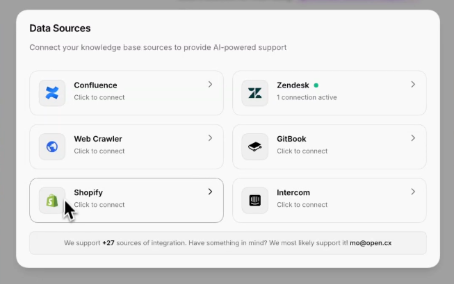 Open.cx data source integrations for Confluence, Zendesk, GitBook, Shopify, Intercom, and web crawling.