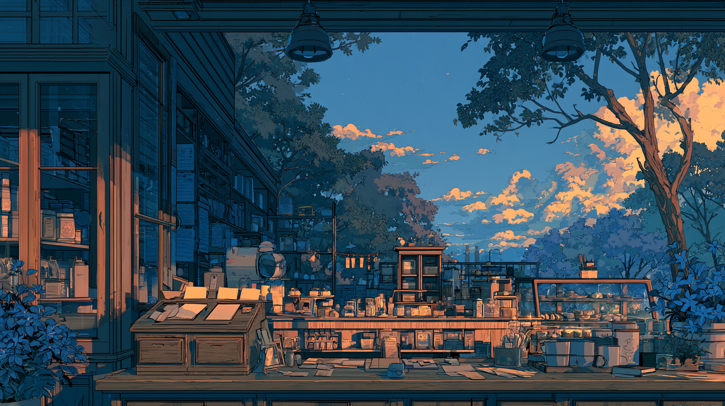 Illustrated storefront and workspace at sunset used as the feature image for a guide to in-app surveys.