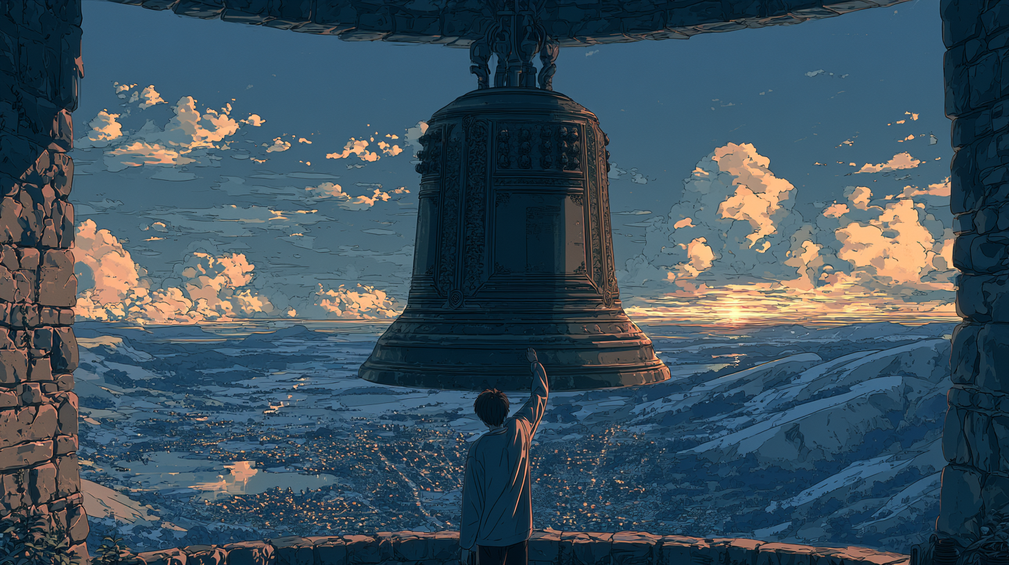 Illustrated person reaching toward a giant bell overlooking a mountain city at sunset.