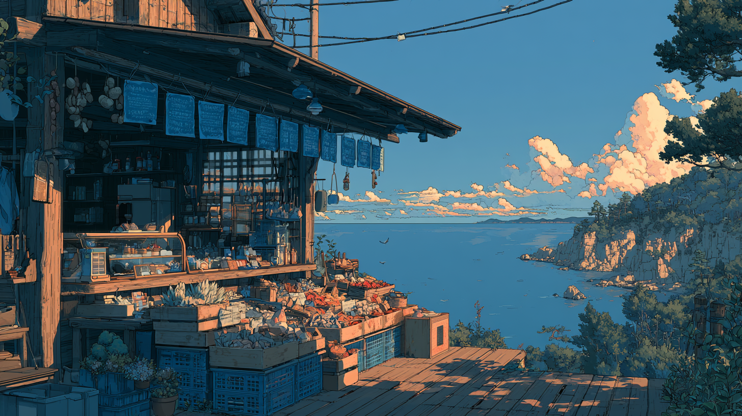 Illustrated open-air market overlooking a calm blue sea and rocky coastline.