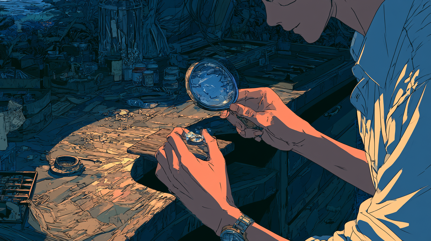Illustrated person examining a small object with a magnifying glass at a workshop table.