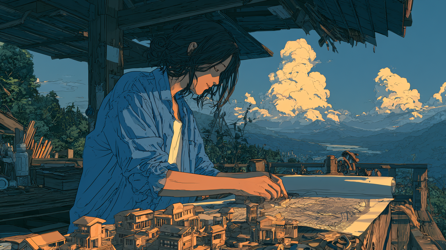 A person plans a miniature city using maps and models, representing product management software.