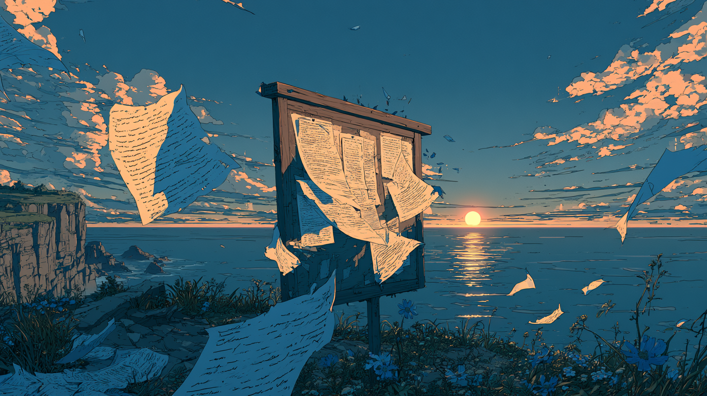 Illustrated release notes flutter around a bulletin board beside the ocean at sunset.