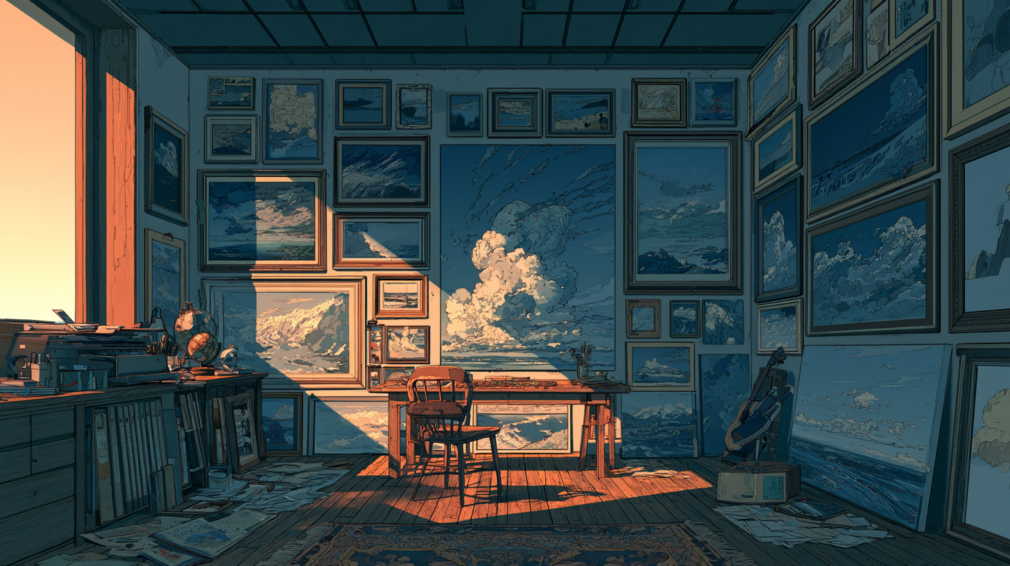 A room filled with framed artwork, representing different user interface design examples.