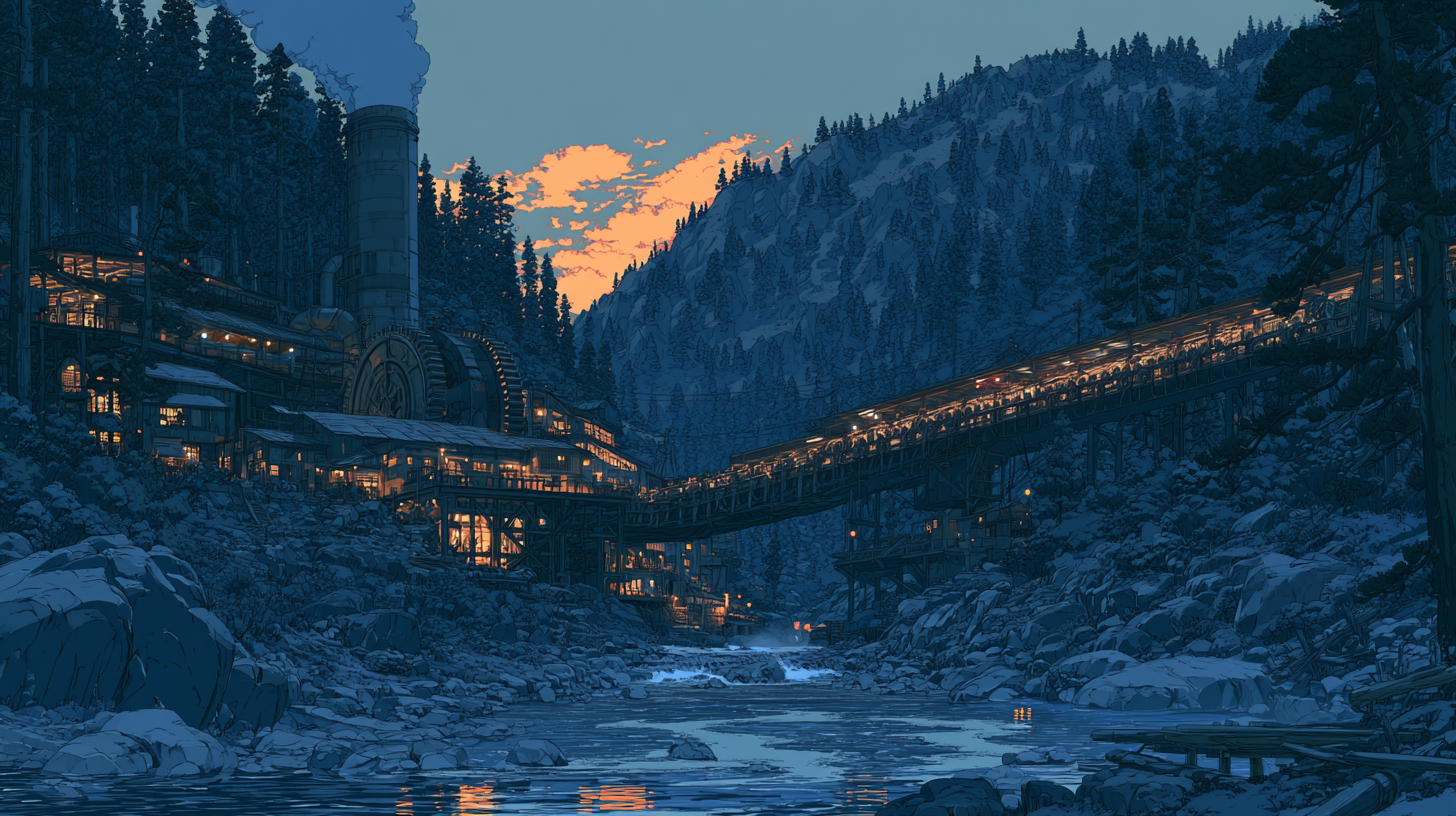 Illuminated industrial complex beside a river in a snowy mountain valley at dusk.