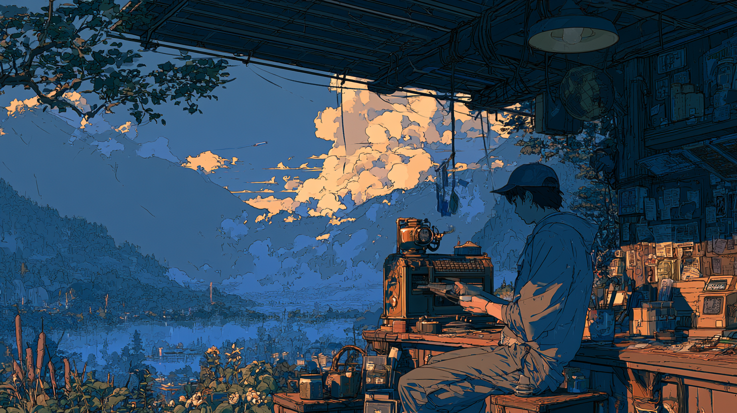 Illustrated person working at a machine in a workshop overlooking a mountain valley.