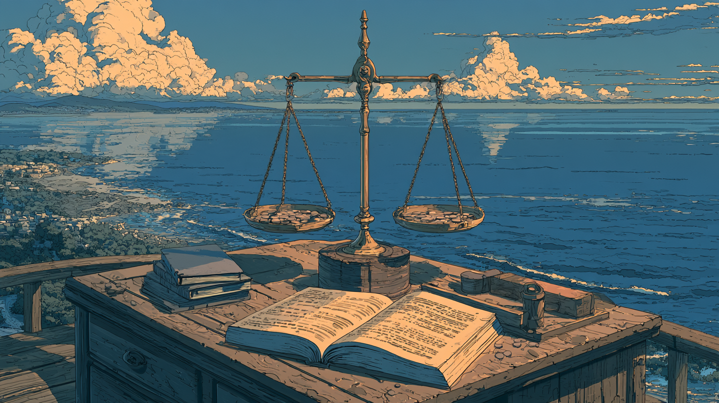 Balance scale above an open book and coins on a desk overlooking the sea.