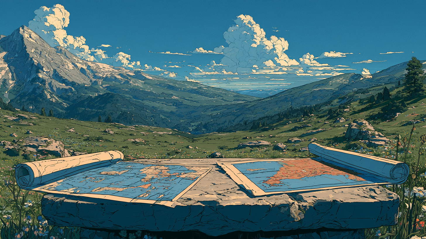 Two maps spread across a stone table overlooking a mountain valley.