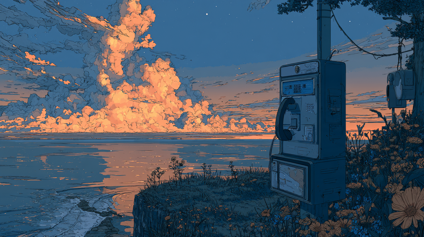 Public telephone beside the sea beneath glowing sunset clouds.
