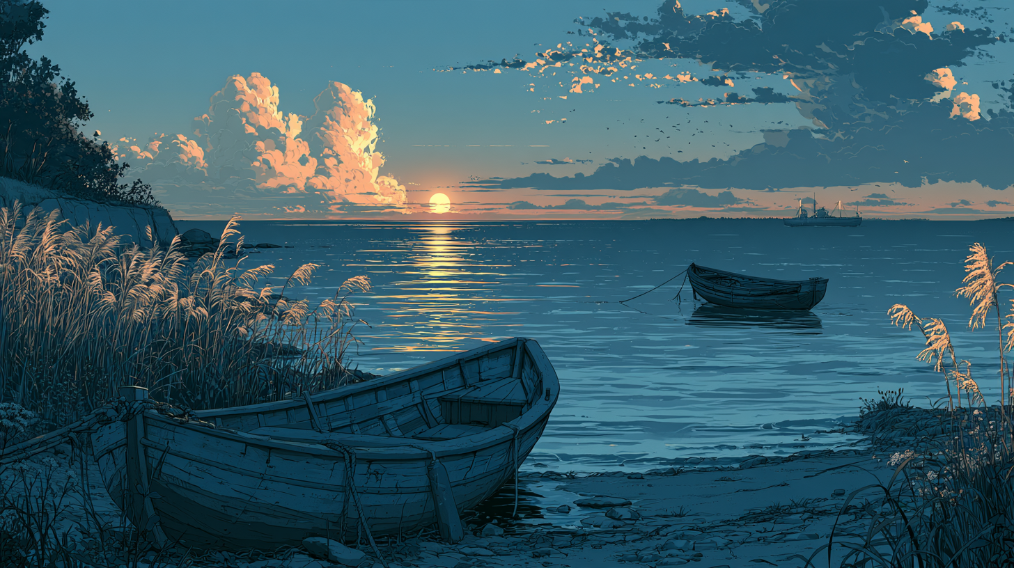 Wooden boats resting on the shore and floating offshore at sunset.