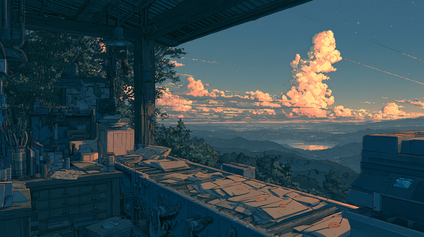Illustration of envelopes moving along a conveyor in an open workshop overlooking mountains at sunset.