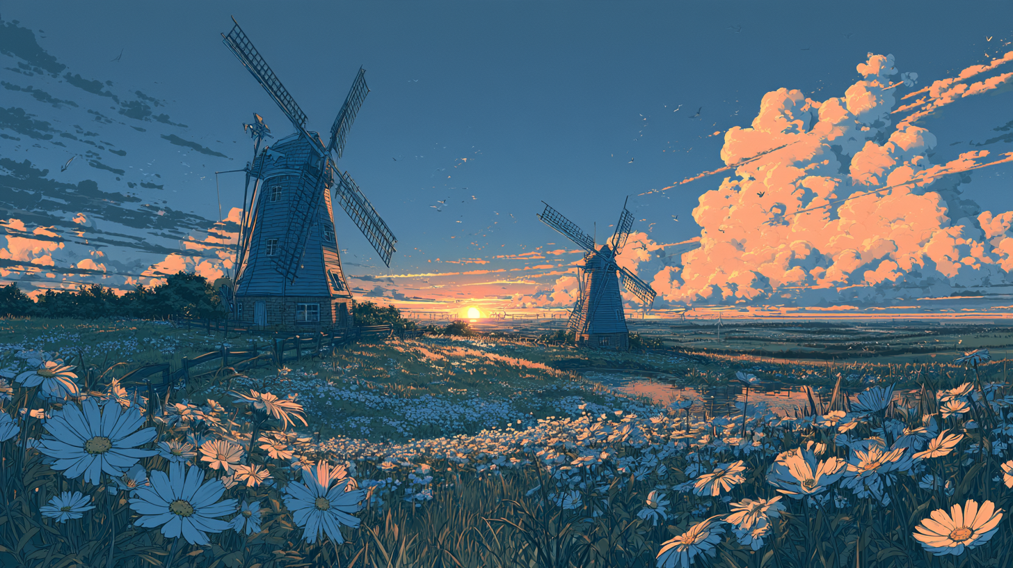 Two windmills standing in a flowered field beneath a vivid sunset sky.