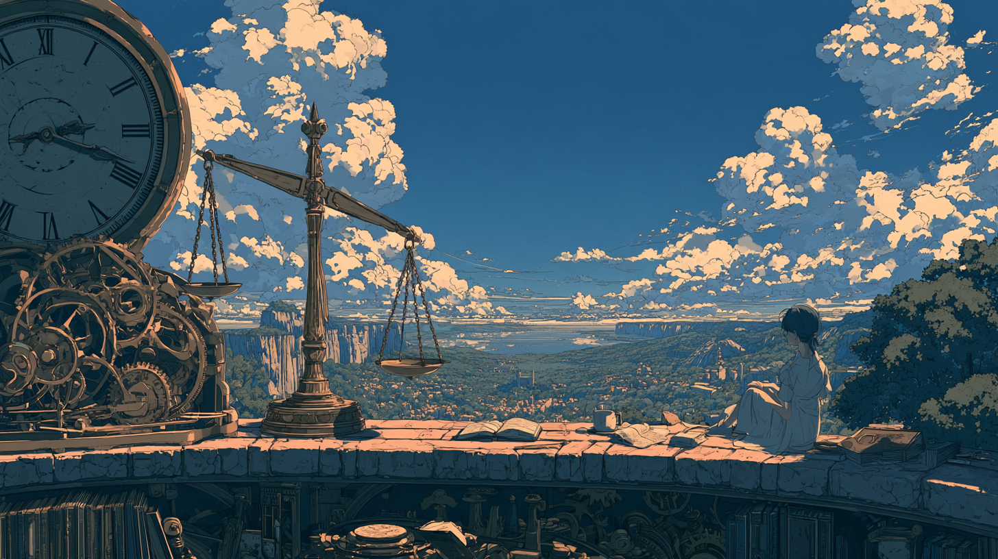 Mechanical clock and balance scale overlooking a wide valley beneath a bright sky.