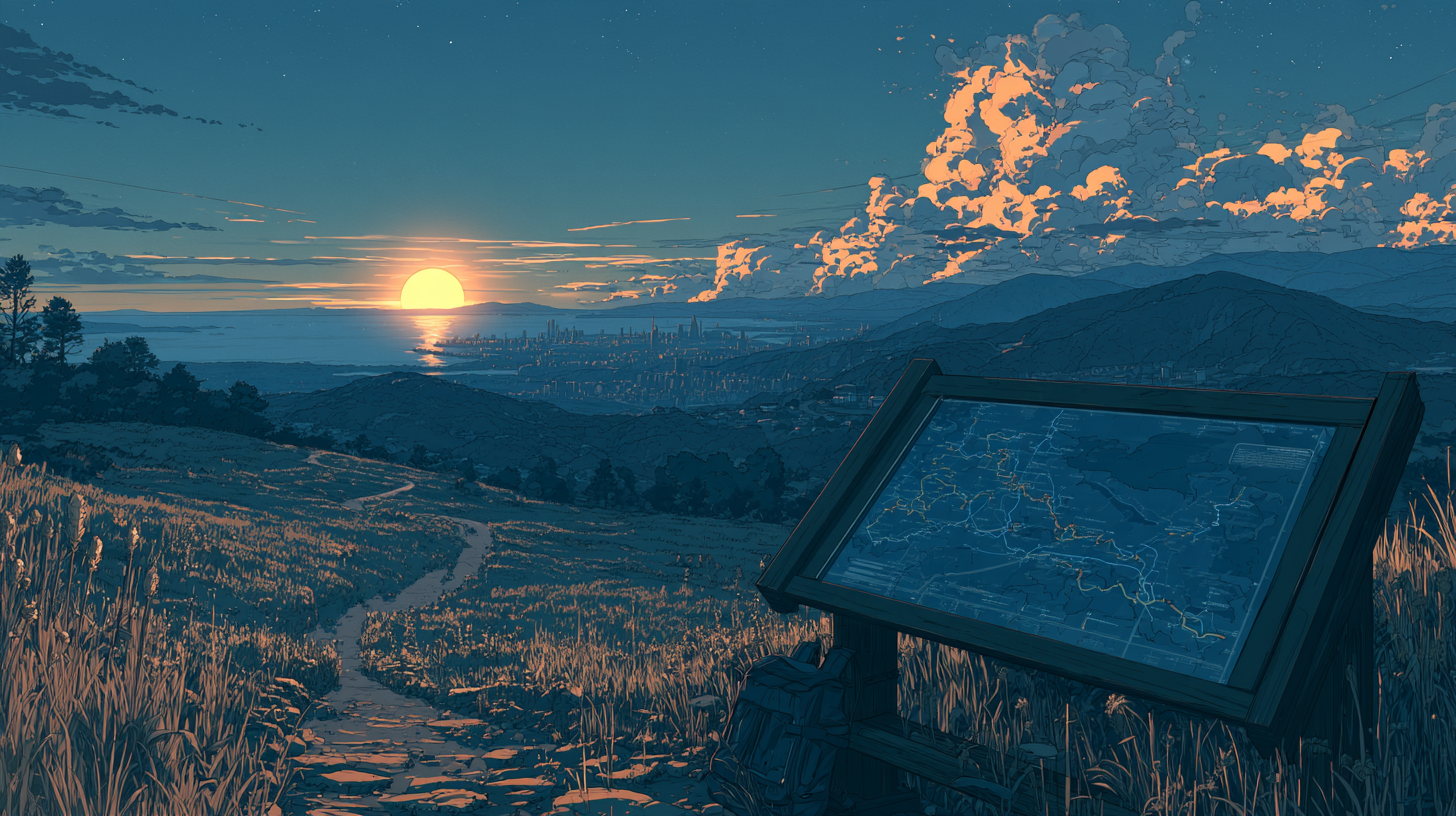 Illustrated trail map beside a winding hillside path overlooking a coastal city at sunset.