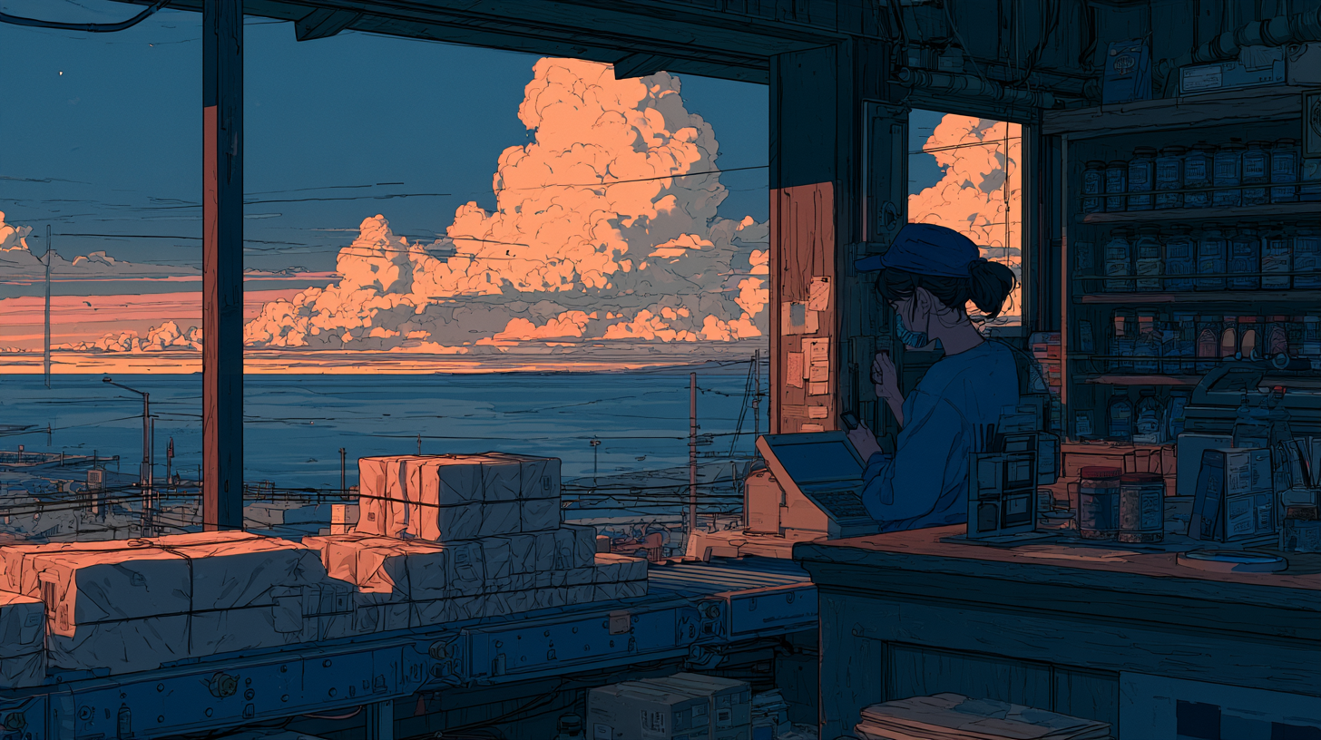 Illustrated shop employee using a computer beside packaged orders in a waterfront store at sunset.