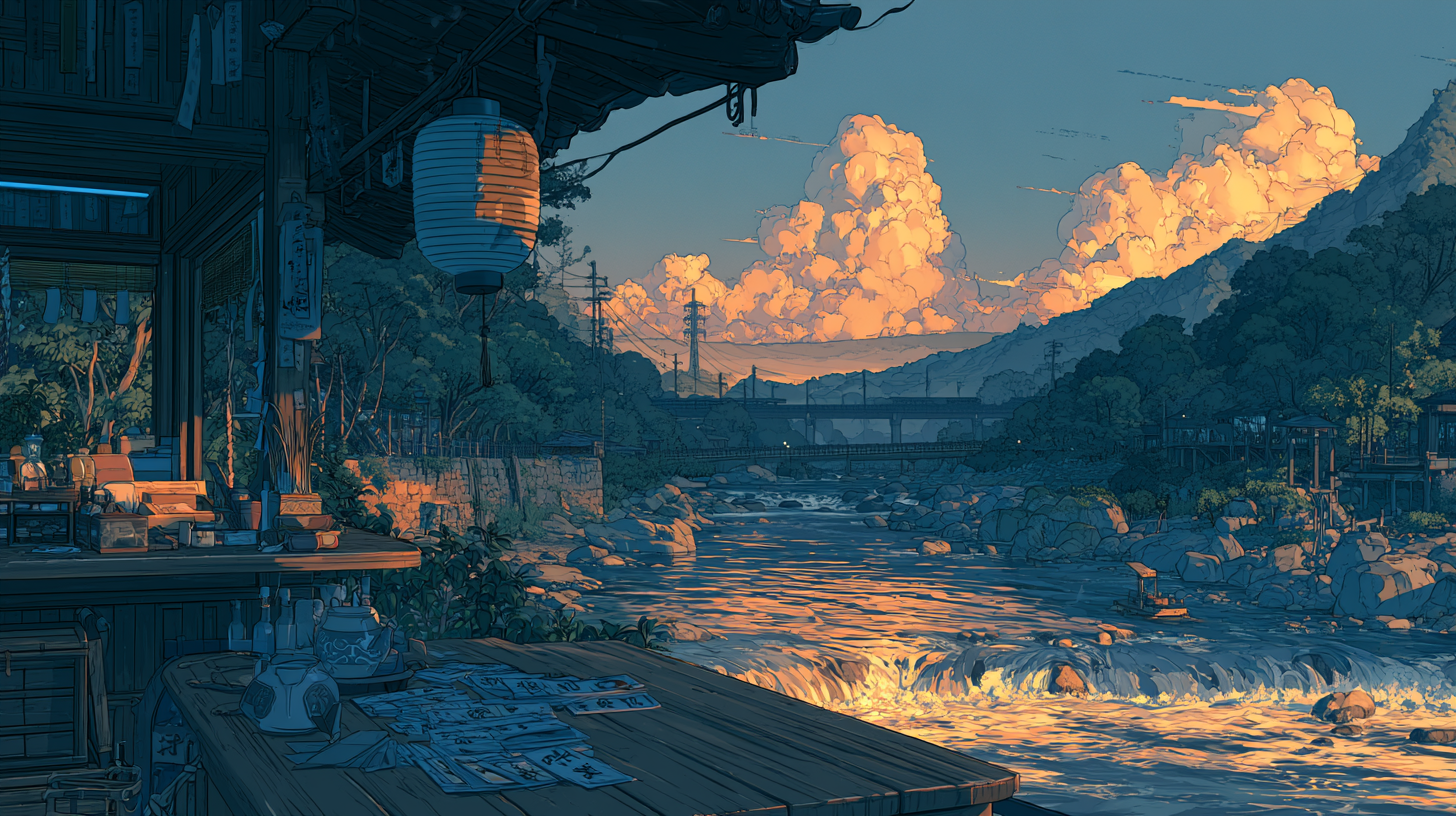 Riverside shop overlooking a mountain valley beneath glowing sunset clouds.