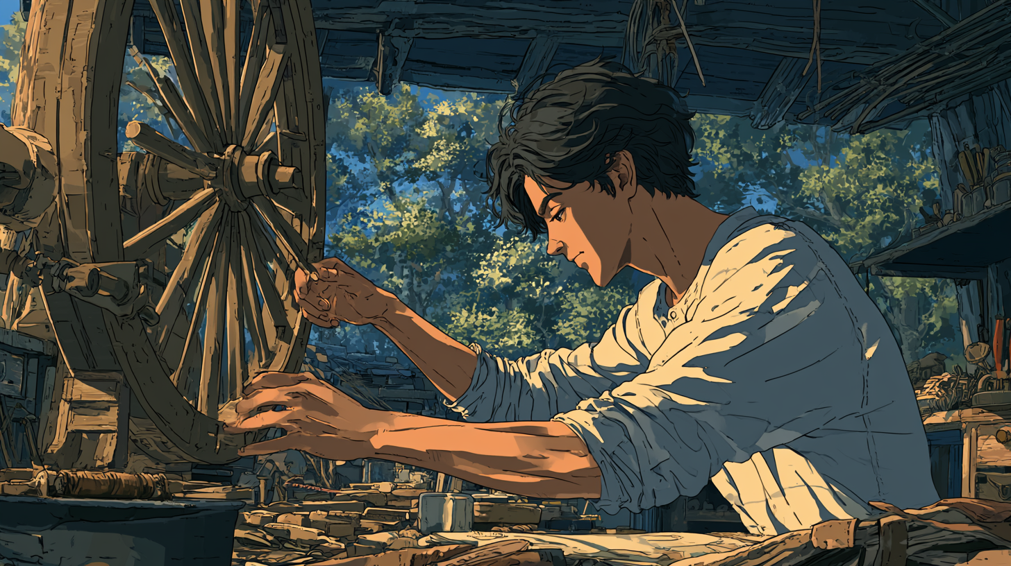 Illustrated craftsperson repairing a large wooden wheel in a sunlit workshop.