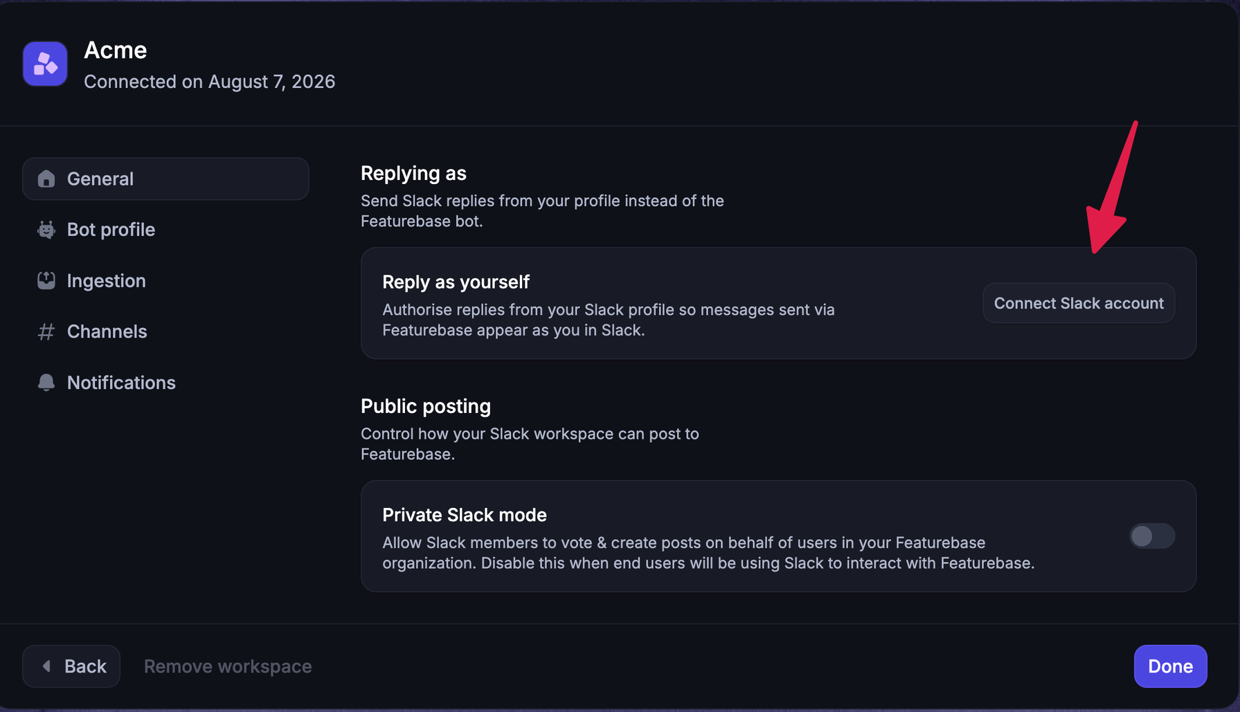 Featurebase Slack integration settings with options to connect an account and enable private Slack mode.