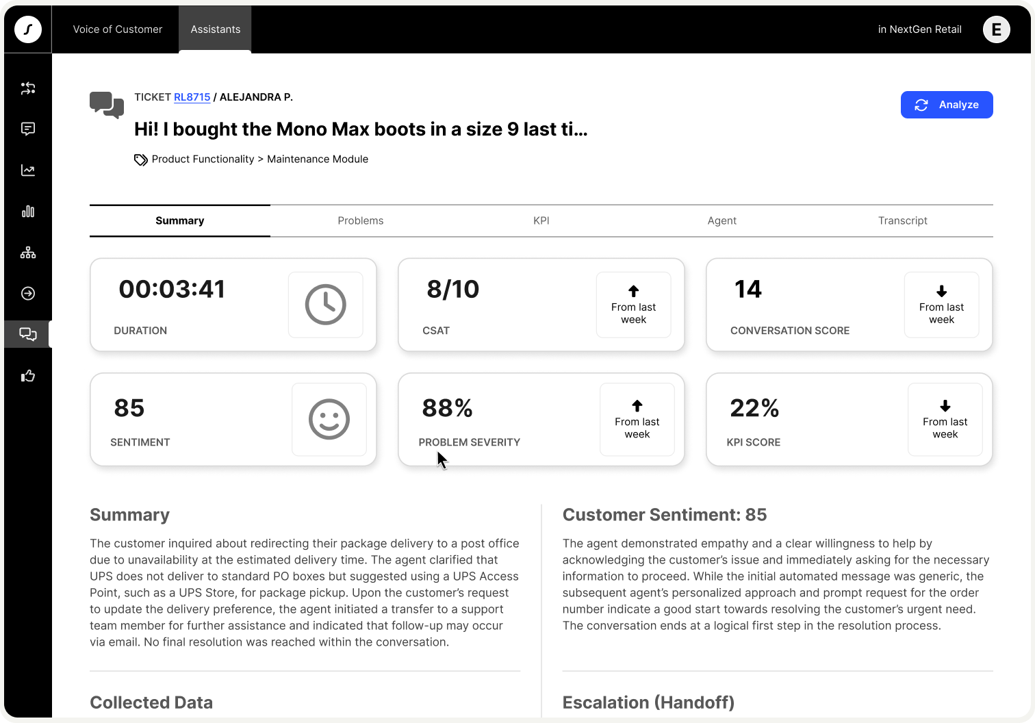 Crescendo dashboard displaying AI-generated customer satisfaction and support-quality insights.