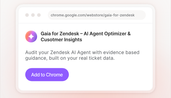 Chrome Web Store listing for Gaia for Zendesk, an AI Agent optimizer that uses ticket data to provide evidence-based guidance.