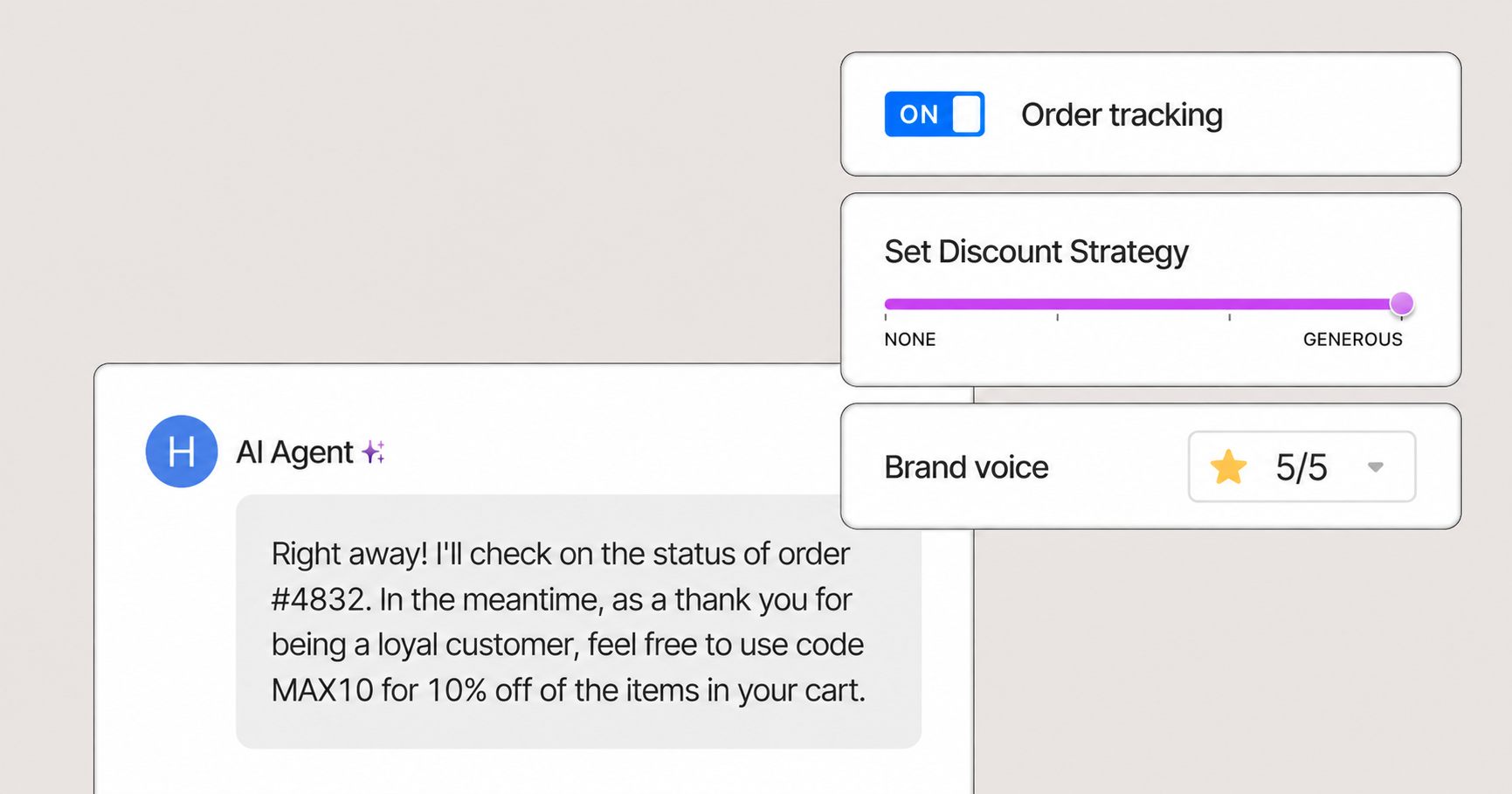 AI Agent interface showing order tracking enabled, a generous discount setting, and a five-star brand-voice score.